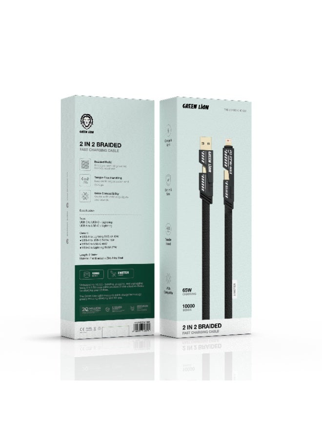 جرين ليون كابل شحن سريع مضفر 2 في 2 بقدرة 65 واط، لنقل البيانات، متوافق مع جميع سلاسل آيفون/ماك بوك/آيباد/سامسونج/هواوي وغيرها - أسود - Image 2