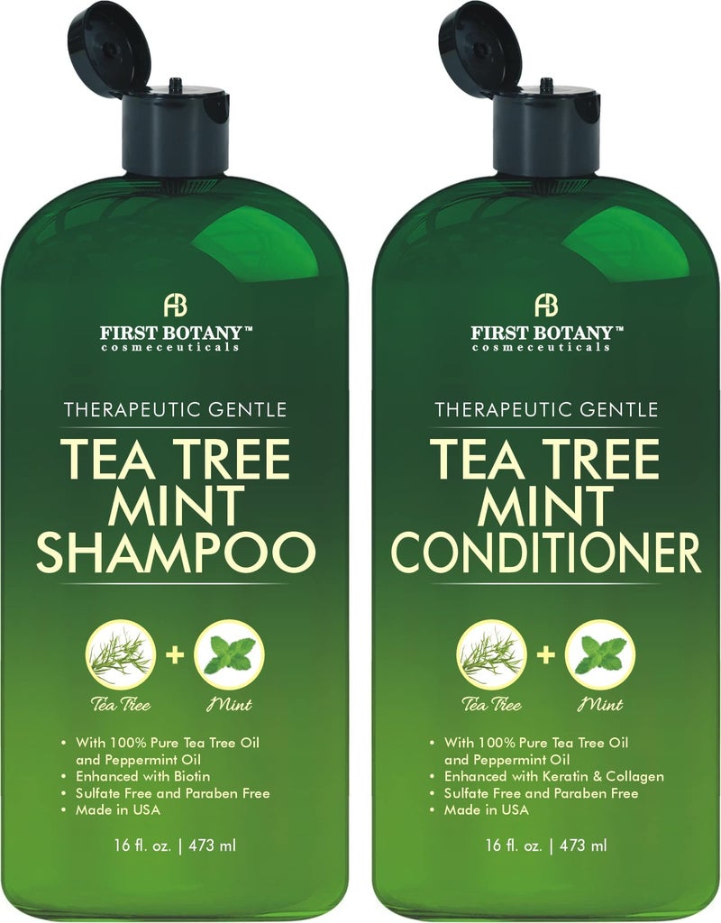 First Botany Tea Tree Mint Shampoo & Conditioner for Men & Women - Pure Tea Tree & Peppermint Oil - Fights Hair Loss, Dandruff, Lice & Itchy Scalp, Promotes Hair Growth - Sulfate Free - 16 Fl Oz x 2 - Image 1