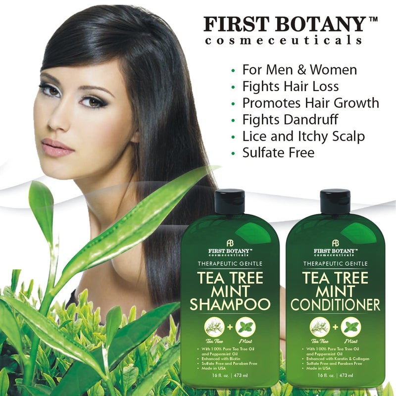 First Botany Tea Tree Mint Shampoo & Conditioner for Men & Women - Pure Tea Tree & Peppermint Oil - Fights Hair Loss, Dandruff, Lice & Itchy Scalp, Promotes Hair Growth - Sulfate Free - 16 Fl Oz x 2 - Image 2