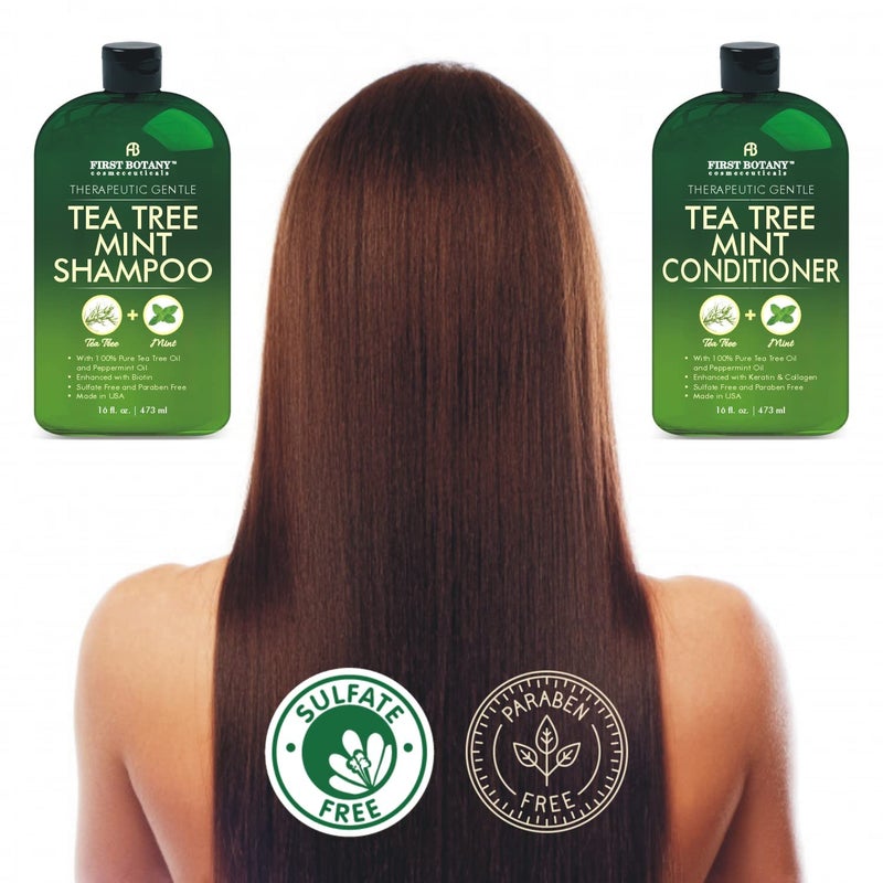 First Botany Tea Tree Mint Shampoo & Conditioner for Men & Women - Pure Tea Tree & Peppermint Oil - Fights Hair Loss, Dandruff, Lice & Itchy Scalp, Promotes Hair Growth - Sulfate Free - 16 Fl Oz x 2 - Image 4