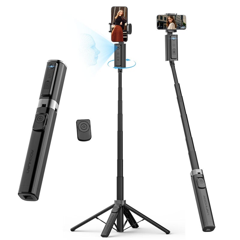 AOCHUAN Auto Face TrackingTripod, w/Gesture Control for iPhone,Extendable Pole, 360Â° Rotating Selfie Stick,Wireless Remote,Video Recording 4-Leg Stable & Portable Tripod - Image 1