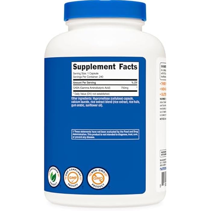 Nutricost GABA (Gamma Aminobutyric Acid) 750mg, 240 Capsules, 240 Servings - Non-GMO, Gluten Free - Image 4