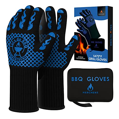 M MERCHENS ProSeries BBQ Gloves  Heat Resistant Grill Grilling and Oven Gloves for Culinary Experts  Extreme Fireproof Protection Silicone Grip Extra Long Mitts  Indoor  Outdoor  with Protective case