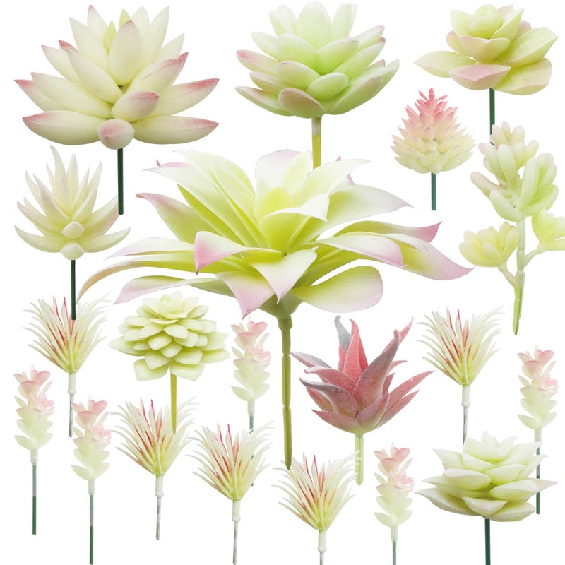 Cayway 20 PCS Artificial Succulents Picks Creamy White Artificial Succulent Plants Fake Succulent Assortment in Flocked in Different Type for Indoor and Outdoor Home Decor Floral Arrangements