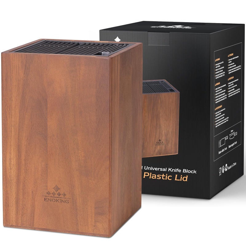 ENOKING Acacia Wood Universal Knife Block with Plastic Slot Top Kitchen Knife Holder for Knives Scissors Sharpening Rod EasyClean Countertop Storage Organizer - Image 2