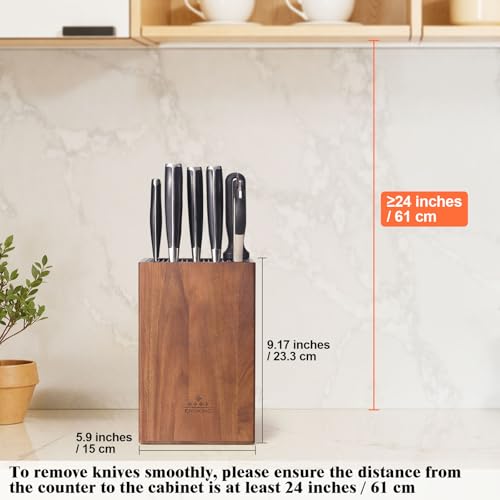 ENOKING Acacia Wood Universal Knife Block with Plastic Slot Top Kitchen Knife Holder for Knives Scissors Sharpening Rod EasyClean Countertop Storage Organizer - Image 3