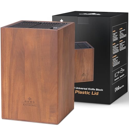 ENOKING Acacia Wood Universal Knife Block with Plastic Slot Top Kitchen Knife Holder for Knives Scissors Sharpening Rod EasyClean Countertop Storage Organizer - Image 1