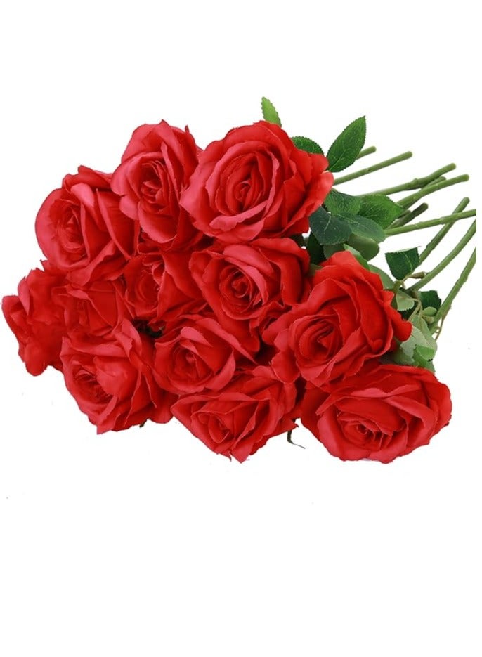 12 Red Artificial Flowers With Stems Silk Rose Bouquet For Vase, Wedding, Table Centerpiece, Diy Gift Decoration - Image 1