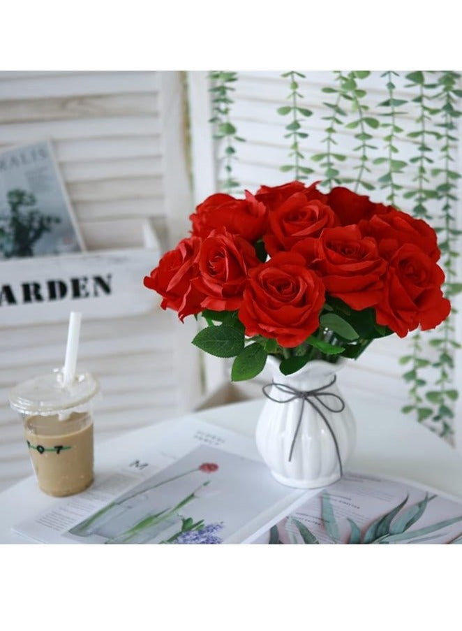 12 Red Artificial Flowers With Stems Silk Rose Bouquet For Vase, Wedding, Table Centerpiece, Diy Gift Decoration - Image 3