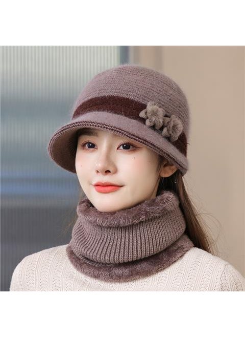 Generic - Warm Thickened Cotton Knit Hat For Middle-Aged And Elderly Women Winter Rabbit Fur Hat Mother-Daughter Style Elderly Ladies Hat Wine red - Image 1