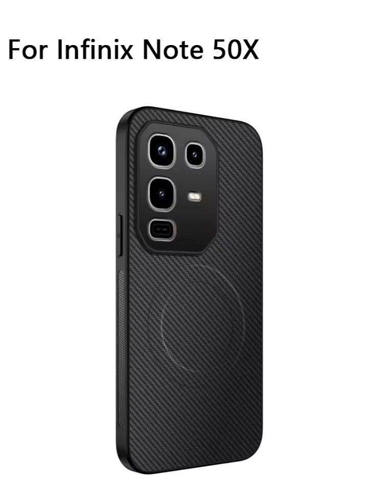 Magnetic anti-drop case for Infinix Note 50X, lens PC protection carbon fiber texture protective case - black - Image 1