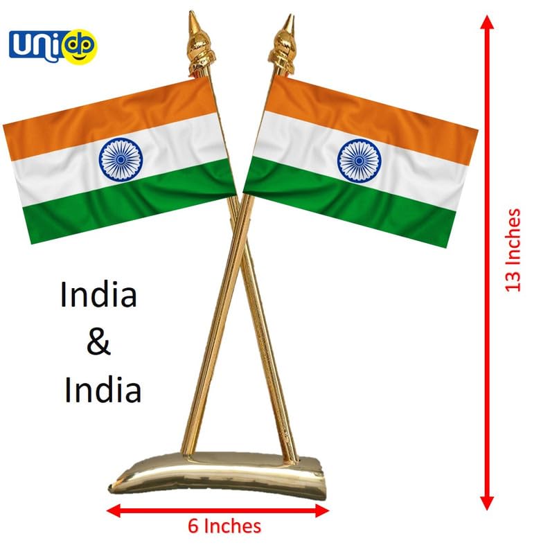 Uniq INDIA & INDIA Flags - Shining & Bright Cotton Cloth with Criss-Cross Classy Brass Base Table Stand - Image 2
