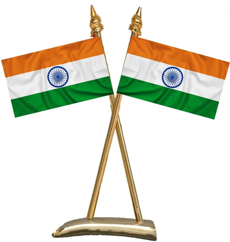 Uniq INDIA & INDIA Flags - Shining & Bright Cotton Cloth with Criss-Cross Classy Brass Base Table Stand - Image 5
