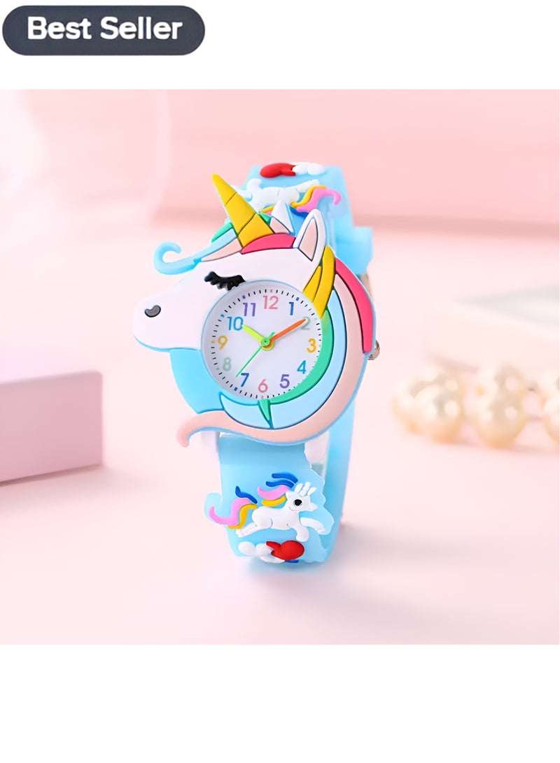 DECOR SOUQ Cute Unicorn Kids Watch for Girls – 3D Cartoon Unicorn Analog Wristwatch with Adjustable Soft Silicone Strap – Rainbow & Planet Design – Educational Time Teacher Watch for Children Ages 3+ – Fun Gift for Birthdays, Holidays & Back to School – Durable, Lightweight & Comfortable – Blue Fantasy Design with Colorful Accents – Easy-to-Read Numbers –  Ideal for Everyday Use & Special Occasions – Spark Creativity & Time-Learning Confidence - Image 1