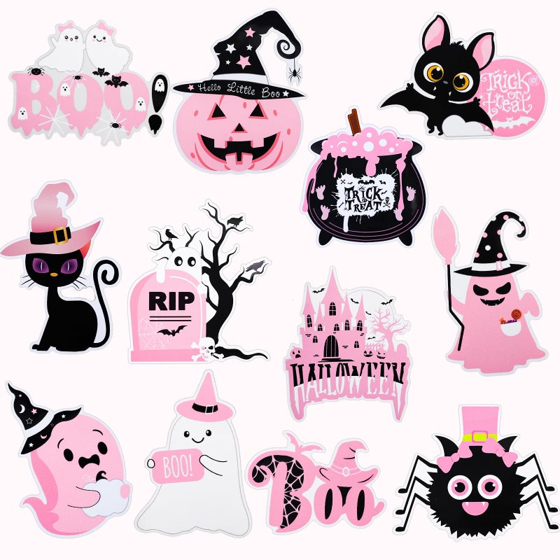 Whaline 12Pcs Pink Halloween Refrigerator Magnets Pumpkin Ghost Spider Bat Fridge Magnets Decals Trick or Treat Magnetic Stickers for Halloween Refrigerator Mailbox Metal Door Cabinets Decoration