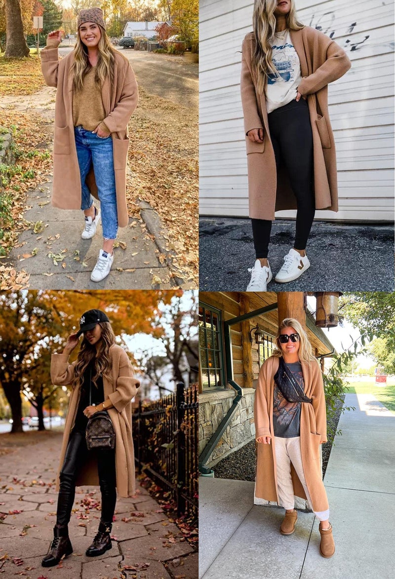 Fazortev Womens Long Sleeve Maxi Cardigan Open Front Oversized Knitted Sweater Coat Casual Lapel Warm Overcoat with Pockets Camel - Image 4