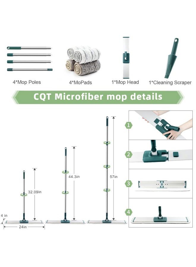 CQT Commercial Flat Microfiber Floor Mop Cleaning System 24" Inch Wet Dry and Dust Hardwood with 4 Washable Pads Cleaner for Laminate Tile Stainless Steel Handle and Extension (PT14 Green) - Image 3