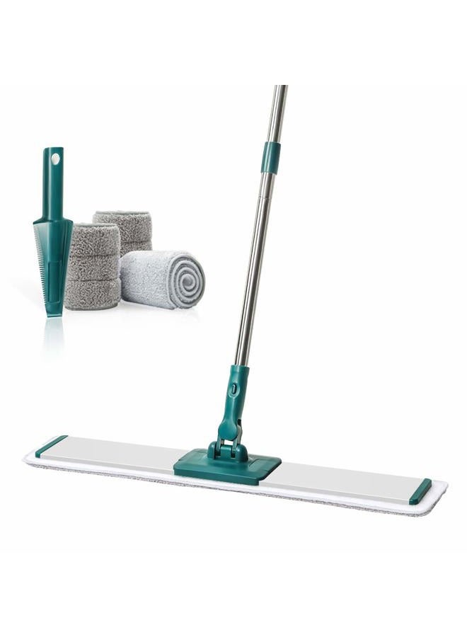 CQT Commercial Flat Microfiber Floor Mop Cleaning System 24" Inch Wet Dry and Dust Hardwood with 4 Washable Pads Cleaner for Laminate Tile Stainless Steel Handle and Extension (PT14 Green) - Image 1