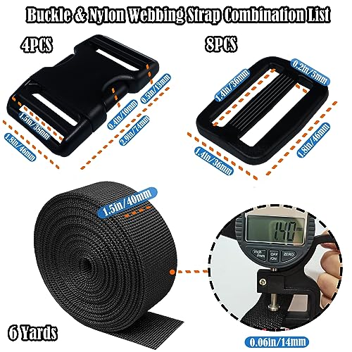BelugaHelper Buckles Straps 1.5 Inch, Webbing Straps 6 Yards, Quick Side Release Plastic Buckles 4 Packs, Tri-Glide Slide Clip 12 PCS, No Sewing Required Heavy Duty Durable, Backpack Parachute Replacement. - Image 2