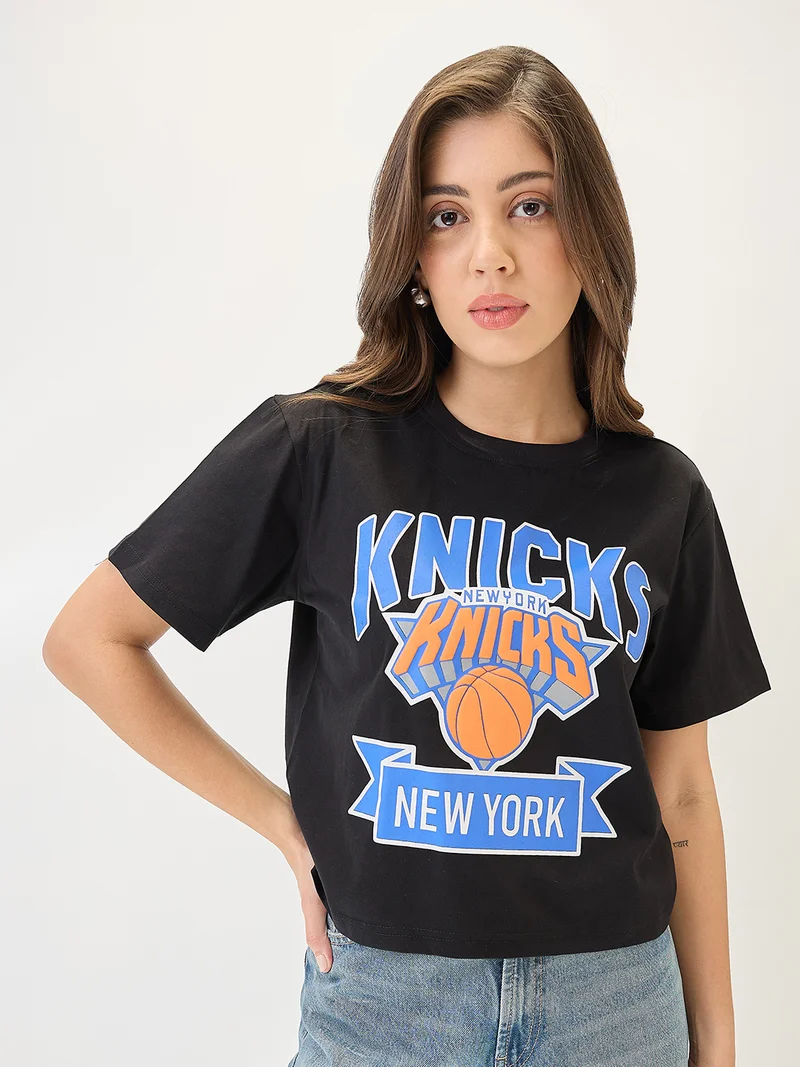 Women Typography Printed Round Neck Cotton Oversized Trendy Crop T-Shirt