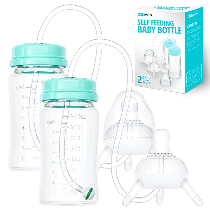 TidyFriend Self Feeding Baby Bottle 8oz Bottle Holder for Baby 2 Pack Baby Bottle with Straw Anti Colic for Convenient Feeding Green
