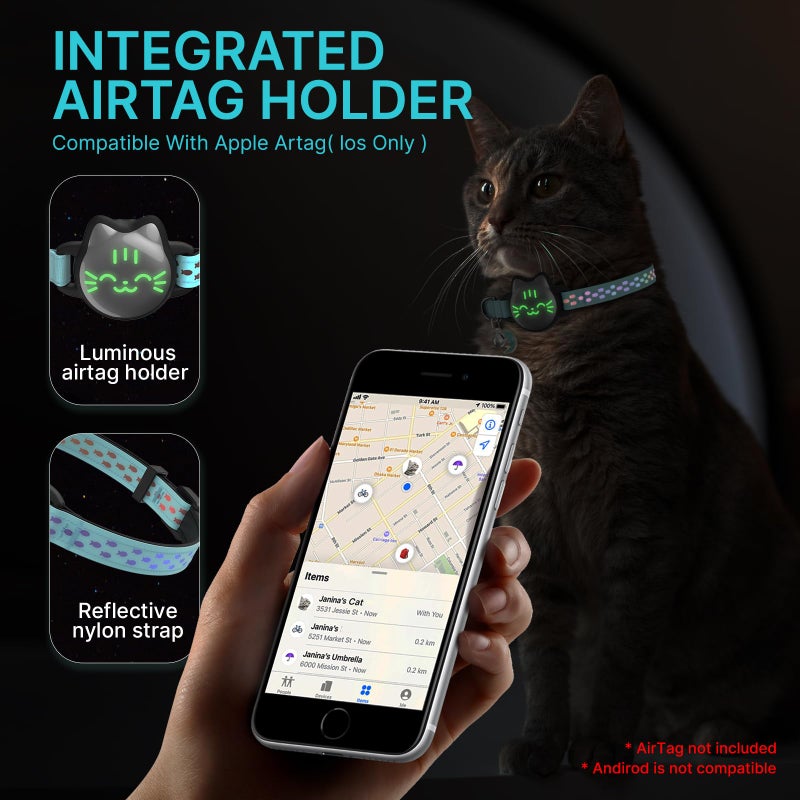 typecase Waterproof Airtag Cat Collar, Breakaway Cat Airtag Collar with Luminous & Reflective Pattern Strap, Lightweight Kitten Collars for Apple Air tag, Hidden Holder for GPS Tracker - Cats, Kittens (9-13") - Image 5
