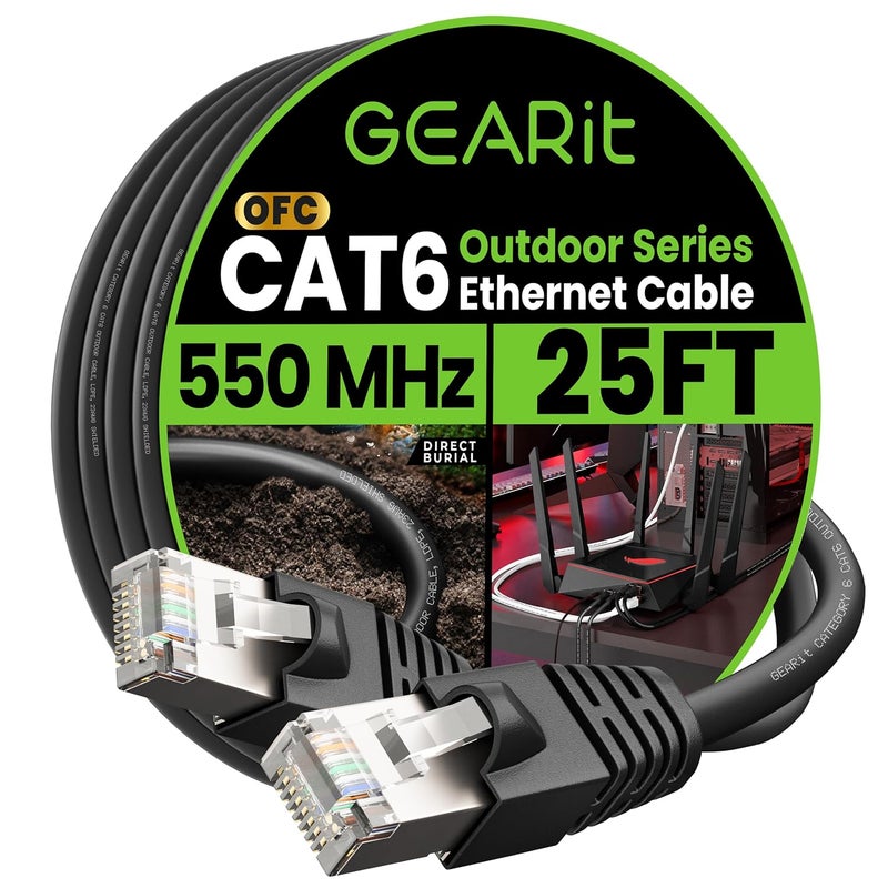 GearIT Cat6 Outdoor Ethernet Cable (25ft) 23AWG Pure Copper, FTP, LLDPE, Waterproof, Direct Burial, In-Ground, UV Resistant, POE, Network, LAN, Internet, Cat 6, Cat6 Cable - 25 Feet - Image 1