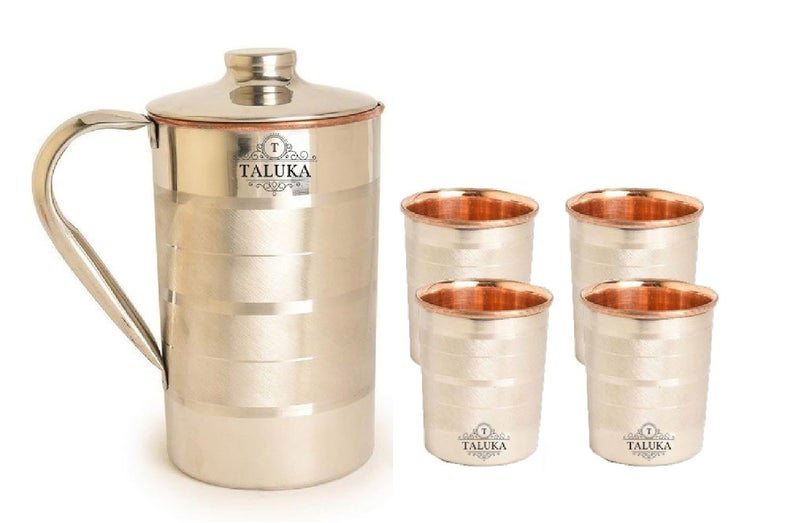 Taluka إبريق نحاسي مصنوع يدويًا من الفولاذ المقاوم للصدأ سعة 2000 مل لمياه الشرب مع 4 أكواب نحاسية سعة 350 مل لكل منها أدوات مائدة للمنازل والفنادق والمطاعم - Image 1