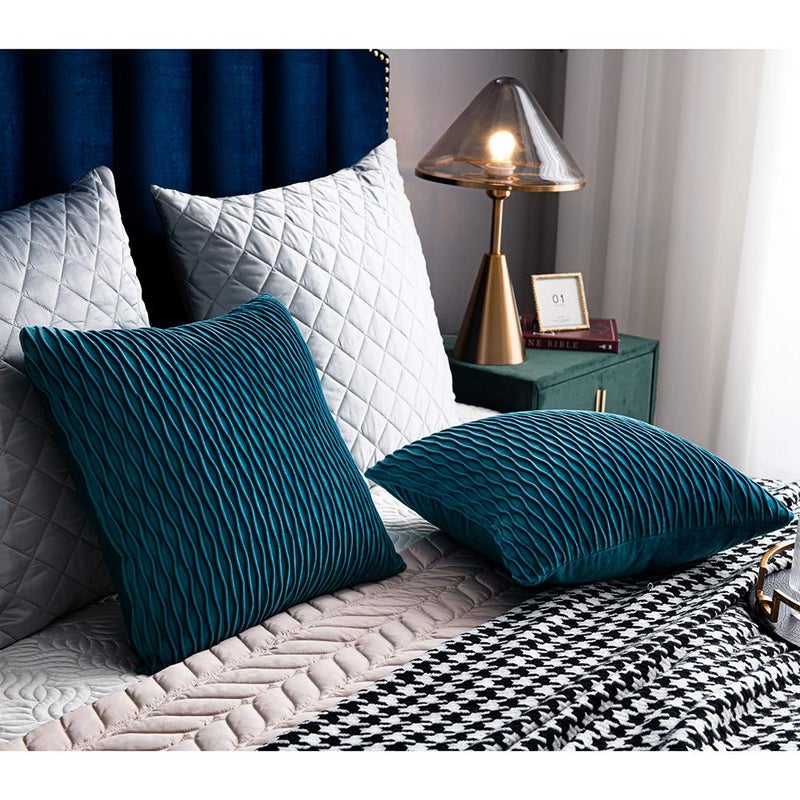DEZENE Turquoise Throw Pillow Cases 20x20: 2 Pack Inch Original Striped Velvet Square Decorative Pillow Covers for Farmhouse Couch - Image 4