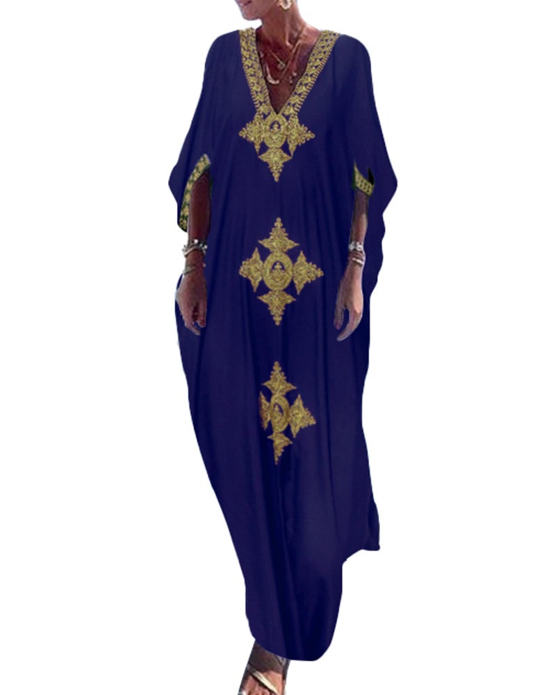Bsubseach Gold Embroidery Long Kaftan Dresses V Neck Caftan Dress Beach Cover Ups for Women Dark Blue - Image 1