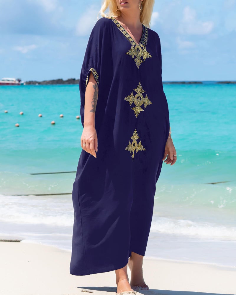 Bsubseach Gold Embroidery Long Kaftan Dresses V Neck Caftan Dress Beach Cover Ups for Women Dark Blue - Image 4
