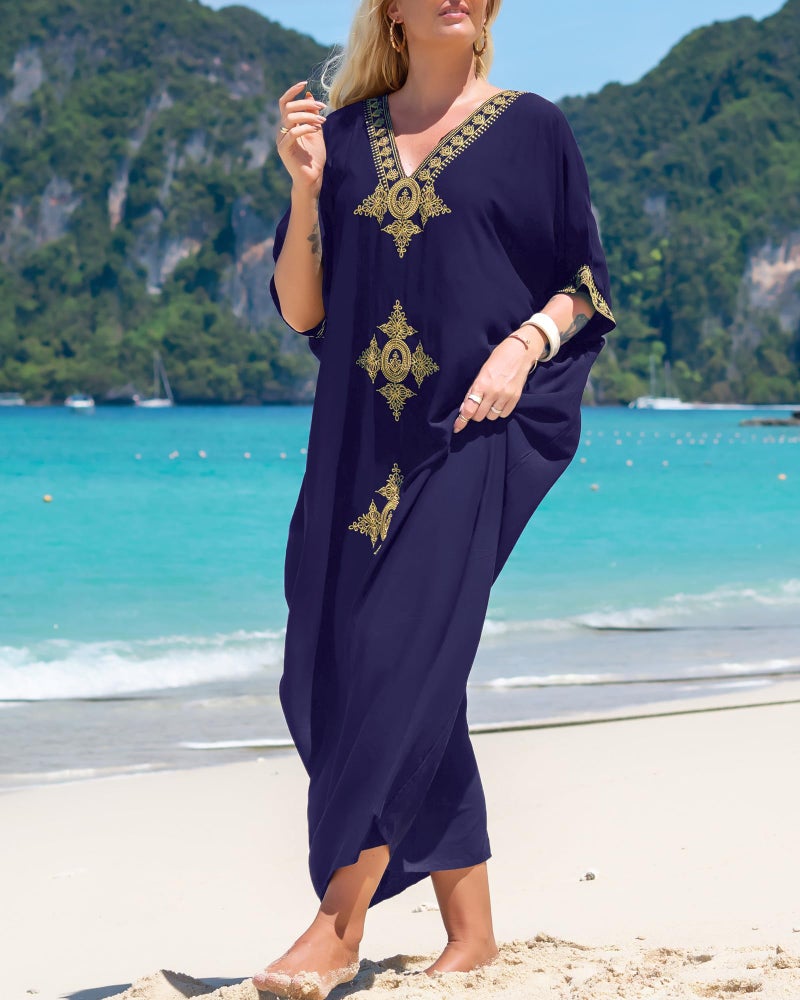 Bsubseach Gold Embroidery Long Kaftan Dresses V Neck Caftan Dress Beach Cover Ups for Women Dark Blue - Image 3