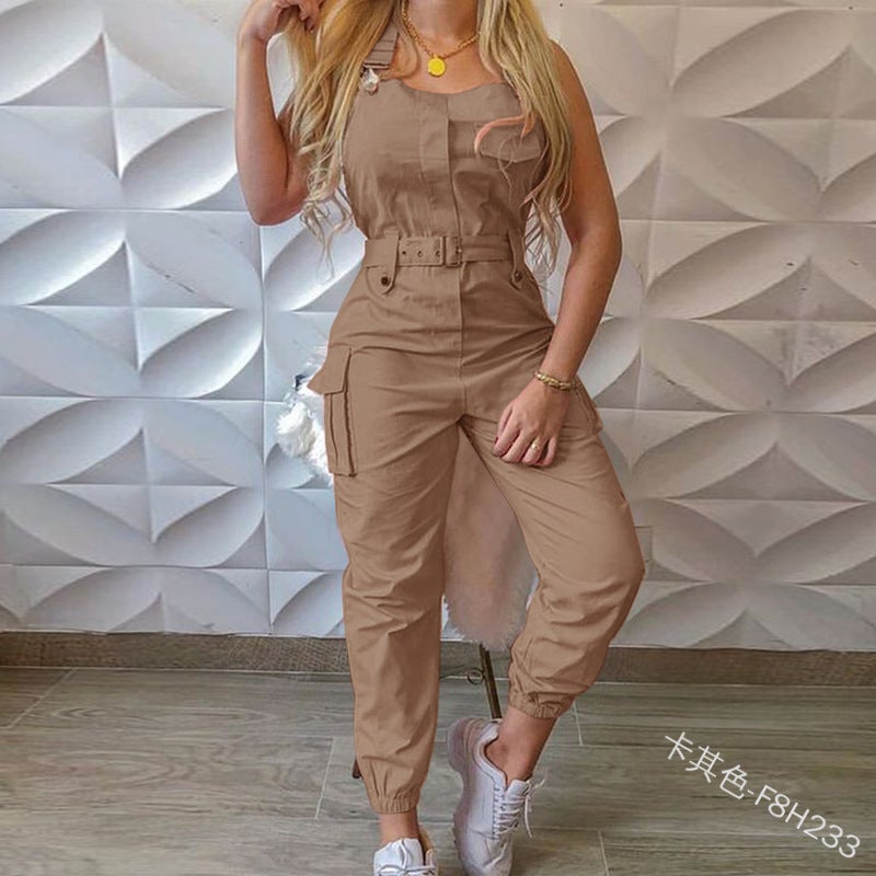 Stylish Womens Denim Jumpsuit with Belt Khaki - Image 1