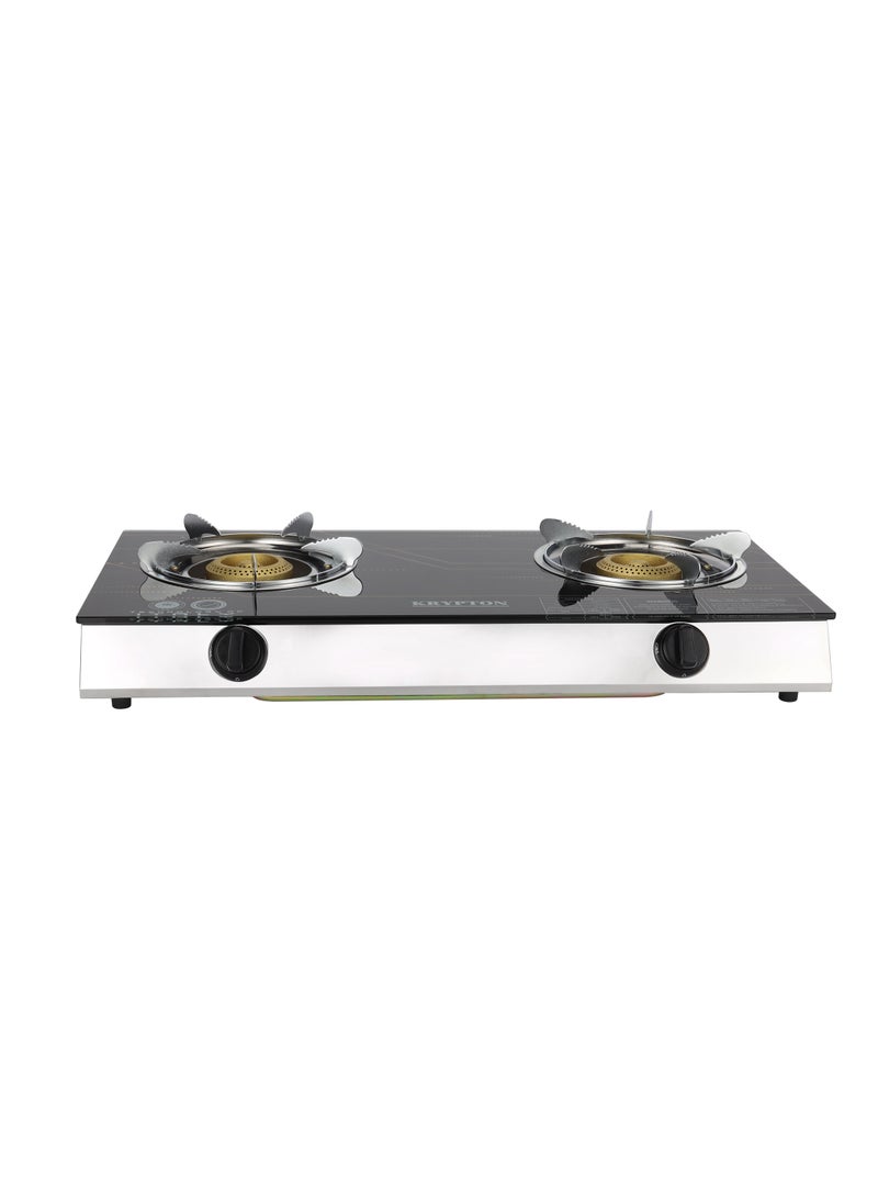 KRYPTON Double-burner Gas Burner with Tempered Glass |Auto-Ignition | Stainless Steel Frame and Tray & Comfortable Knobs | Low Gas Consumption | Perfect for All Types of Kitchen| KNGC6571 Black - Image 1