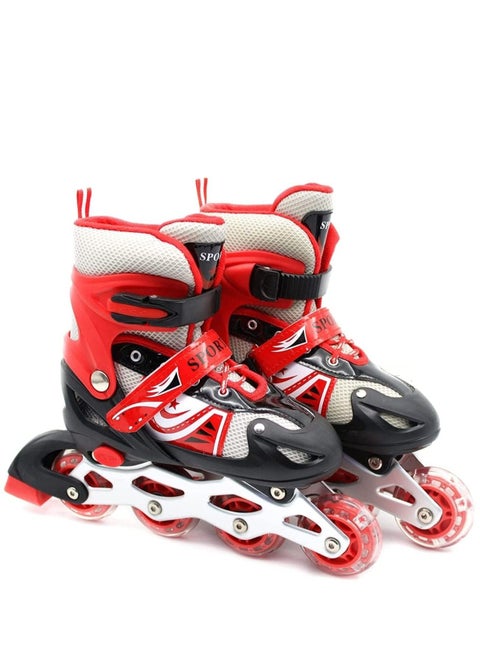 Adjustable Roller Skate Shoes LED Light Single Row Wheels, Red/Black - Size Large 39-42