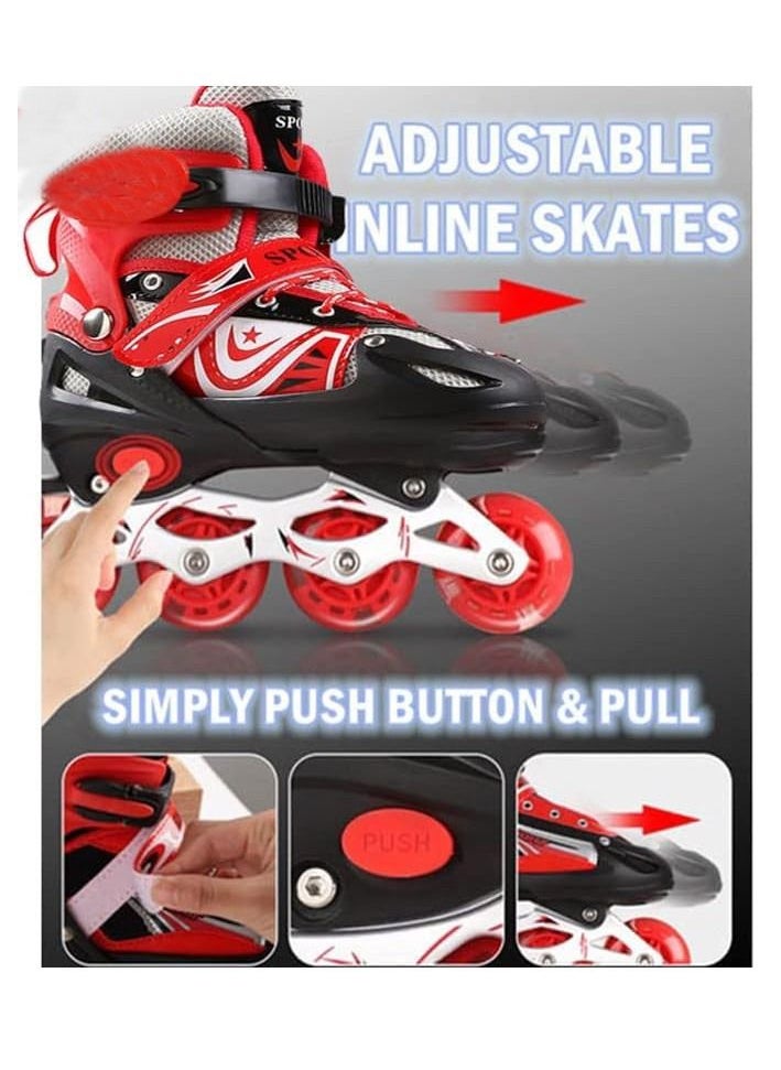 SPORT - Adjustable Roller Skate Shoes LED Light Single Row Wheels, Red/Black - Size Large 39-42 - Image 1