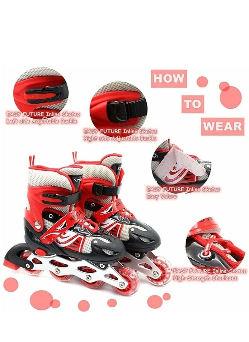 SPORT - Adjustable Roller Skate Shoes LED Light Single Row Wheels, Red/Black - Size Large 39-42 - Image 1