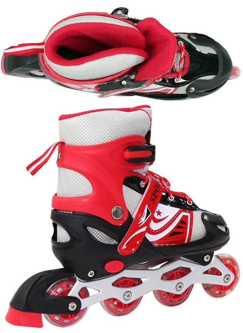 SPORT - Adjustable Roller Skate Shoes LED Light Single Row Wheels, Red/Black - Size Large 39-42 - Image 1