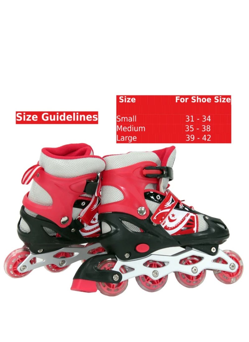 SPORT - Adjustable Roller Skate Shoes LED Light Single Row Wheels, Red/Black - Size Large 39-42 - Image 1