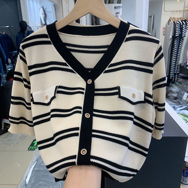 Striped Ice Silk Short-Sleeved T-Shirt Women'S Style Small Fragrant Half-Sleeved Thin Breathable Loose Large Size Knitwear - Image 2