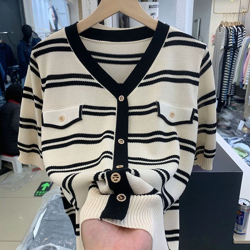 Striped Ice Silk Short-Sleeved T-Shirt Women'S Style Small Fragrant Half-Sleeved Thin Breathable Loose Large Size Knitwear - Image 4