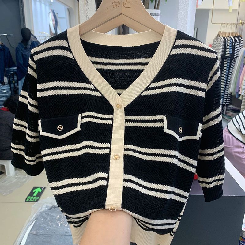 Striped Ice Silk Short-Sleeved T-Shirt Women'S Style Small Fragrant Half-Sleeved Thin Breathable Loose Large Size Knitwear - Image 3