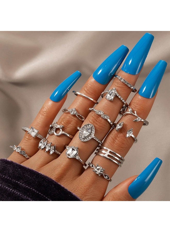 BELICEY 9-15PCS Knuckle Stacking Rings Set for Women Crystal Rhinestone Finger Statement Ring Sets Vintage Joint Knot Mid Rings Stackable Rings Jewelry Accessories (Silver-Cryst Rhinestone) - Image 2