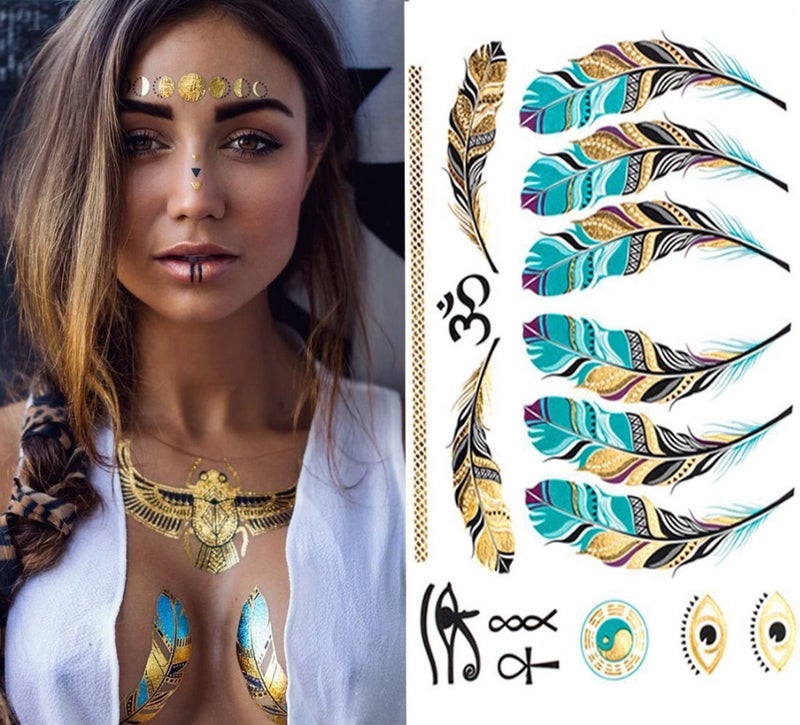 S.A.V.I 3D Temporary Tattoo Feathers Metallic Sticker, 21X15Cm, Gold, 4 G - Image 2