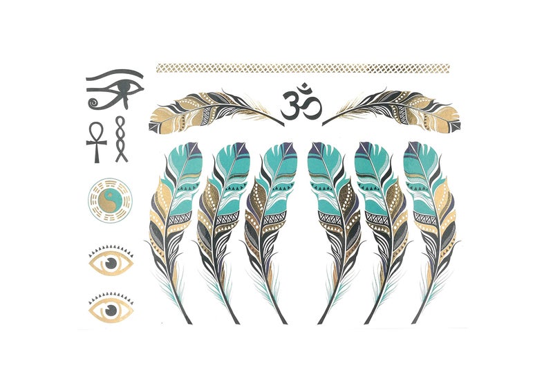 S.A.V.I 3D Temporary Tattoo Feathers Metallic Sticker, 21X15Cm, Gold, 4 G - Image 1