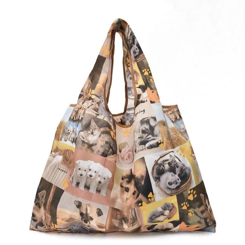 Portable Folding Floral Shopping Bag Kitten puppy 