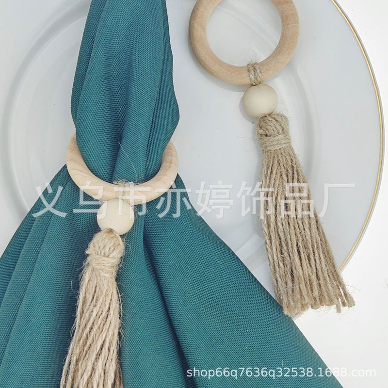 Factory Sale Ins Nordic Wind Tackle Rope Log Color Wooden Bead Tassel String Napkin Buckle Handmade Woven Napkin Ring - Image 5