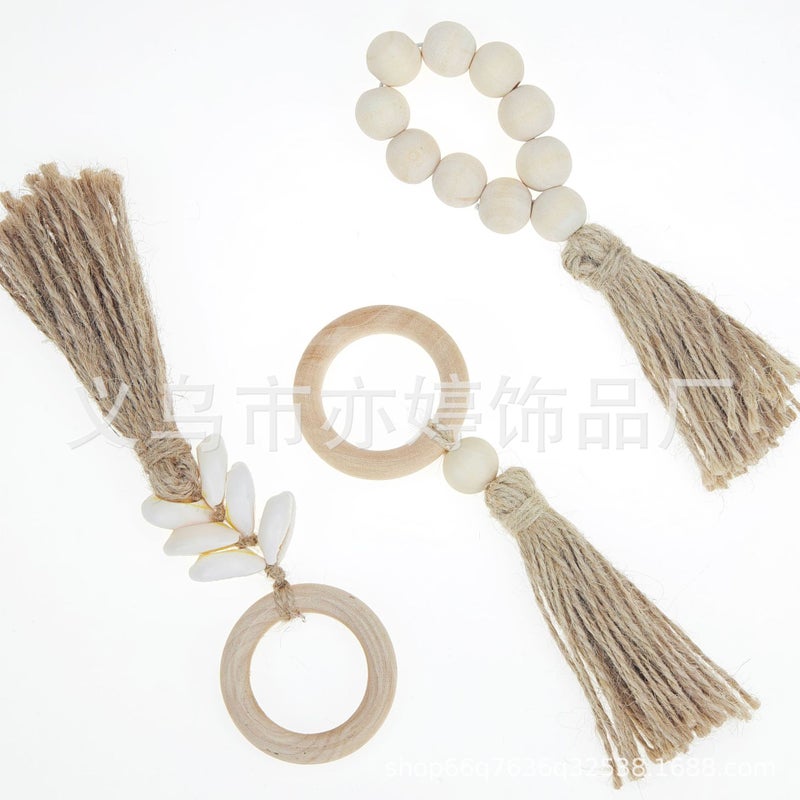 Factory Sale Ins Nordic Wind Tackle Rope Log Color Wooden Bead Tassel String Napkin Buckle Handmade Woven Napkin Ring - Image 2