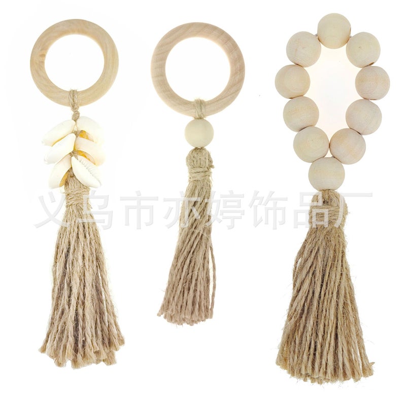 Factory Sale Ins Nordic Wind Tackle Rope Log Color Wooden Bead Tassel String Napkin Buckle Handmade Woven Napkin Ring - Image 3