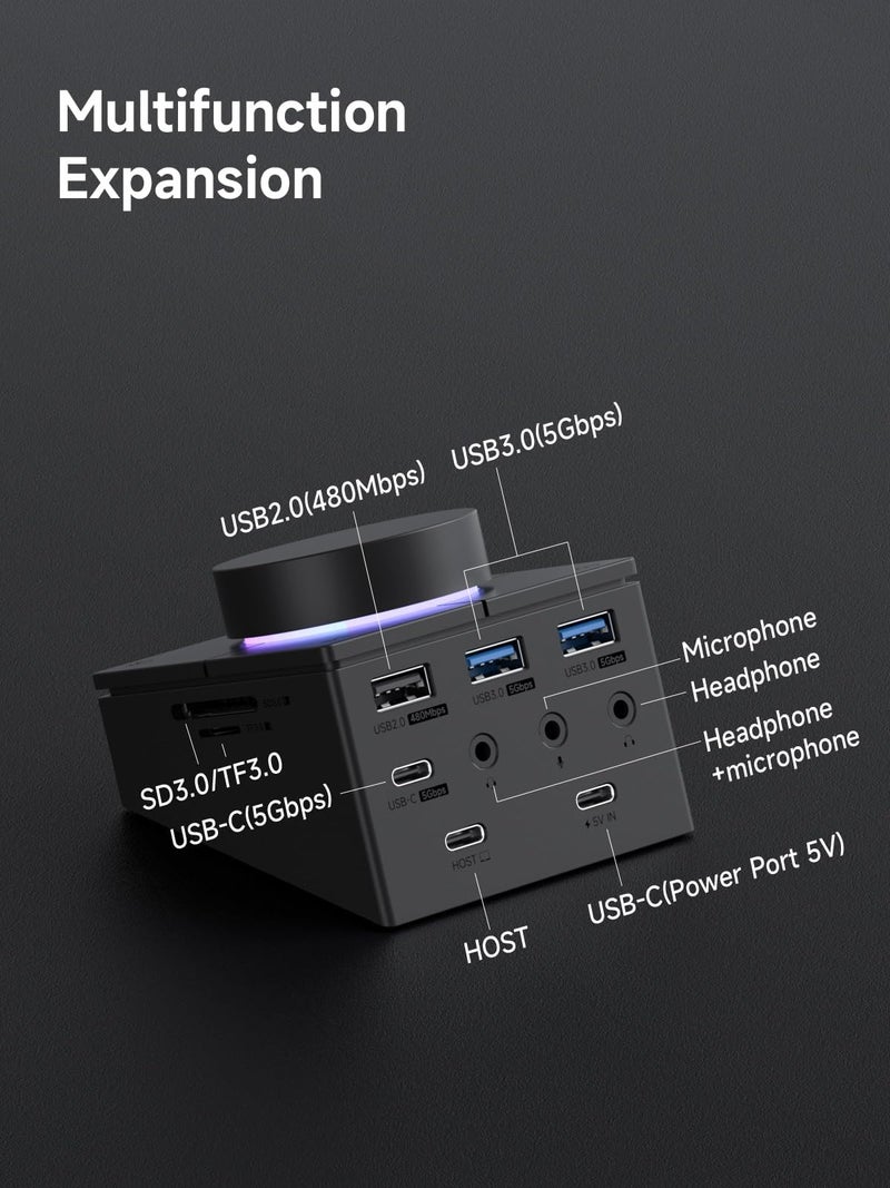 Hagibis Knob USB C Hub with Shortcut Buttons, RGB Type-C Docking Station with 5Gbps USB-C, 2 USB3.0, 3.5mm Jack, SD/Micro SD3.0, USB2.0 for MacBook iPad Pro Laptop (Black AG) - Image 2